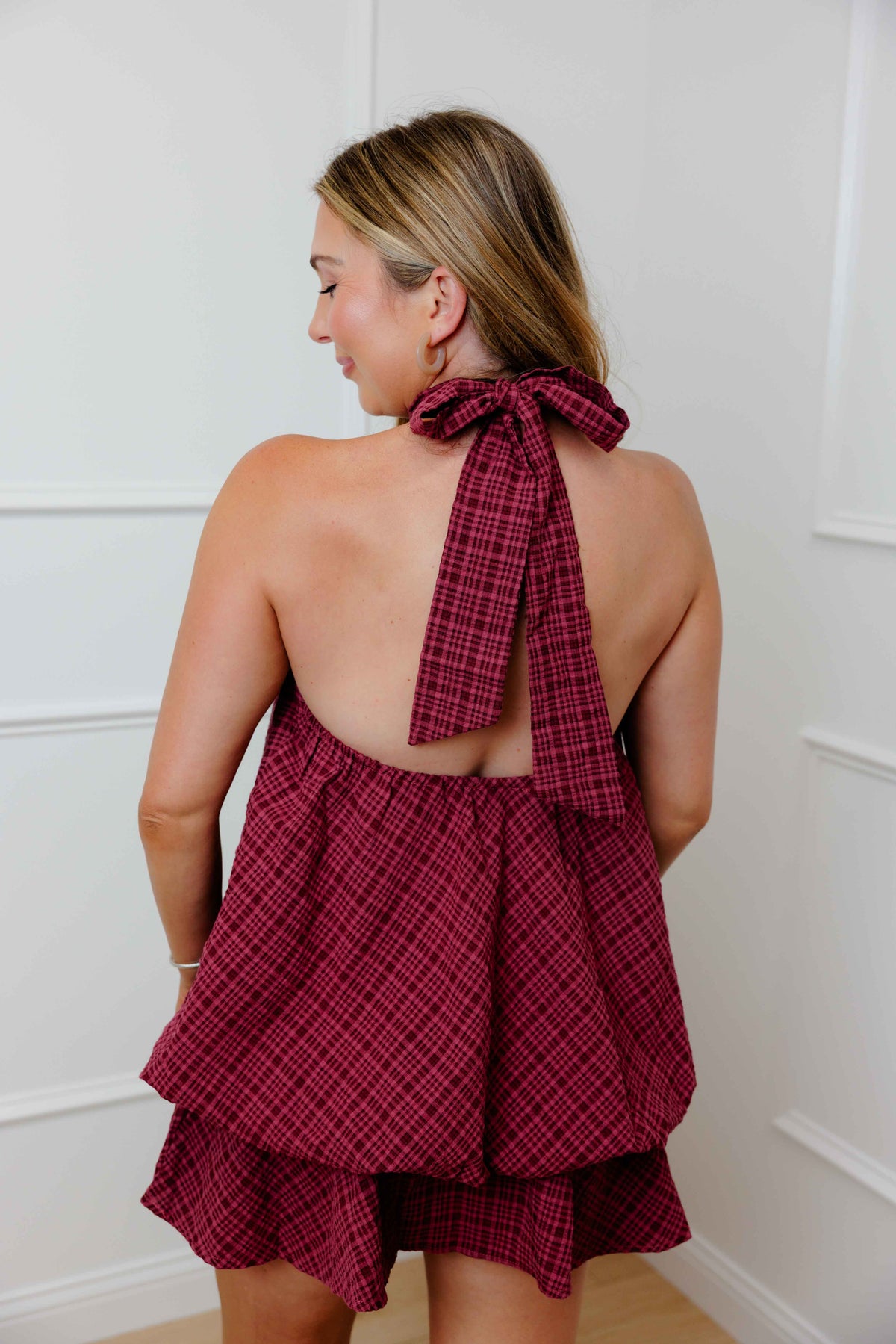 Burgundy Plaid Halter Dress