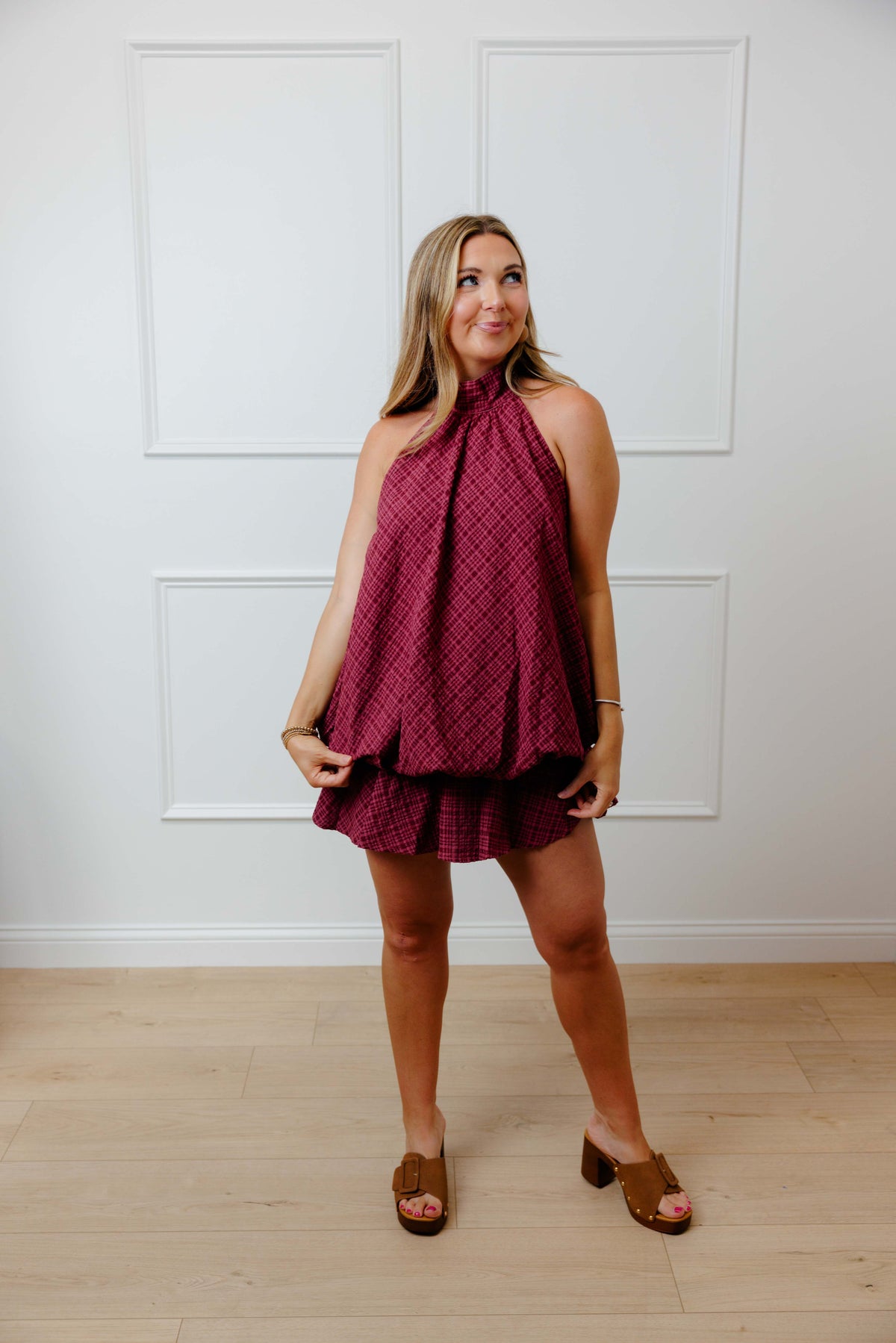 Burgundy Plaid Halter Dress