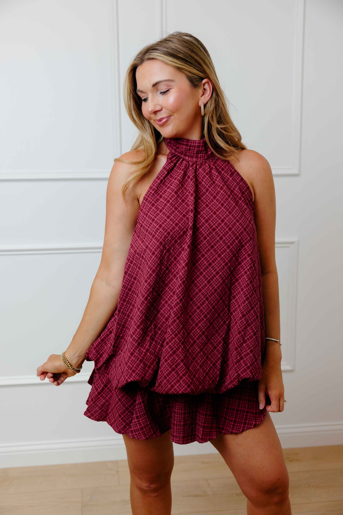 Burgundy Plaid Halter Dress