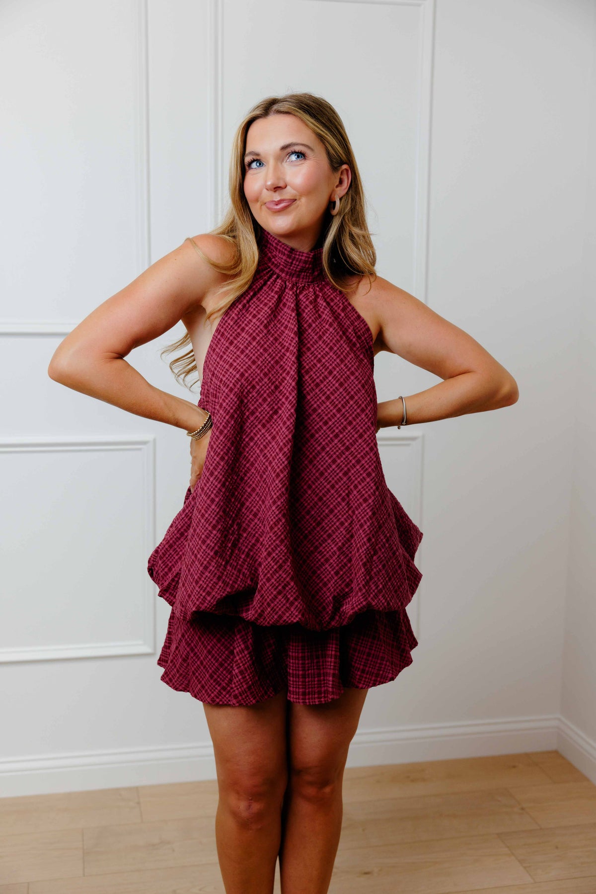 Burgundy Plaid Halter Dress