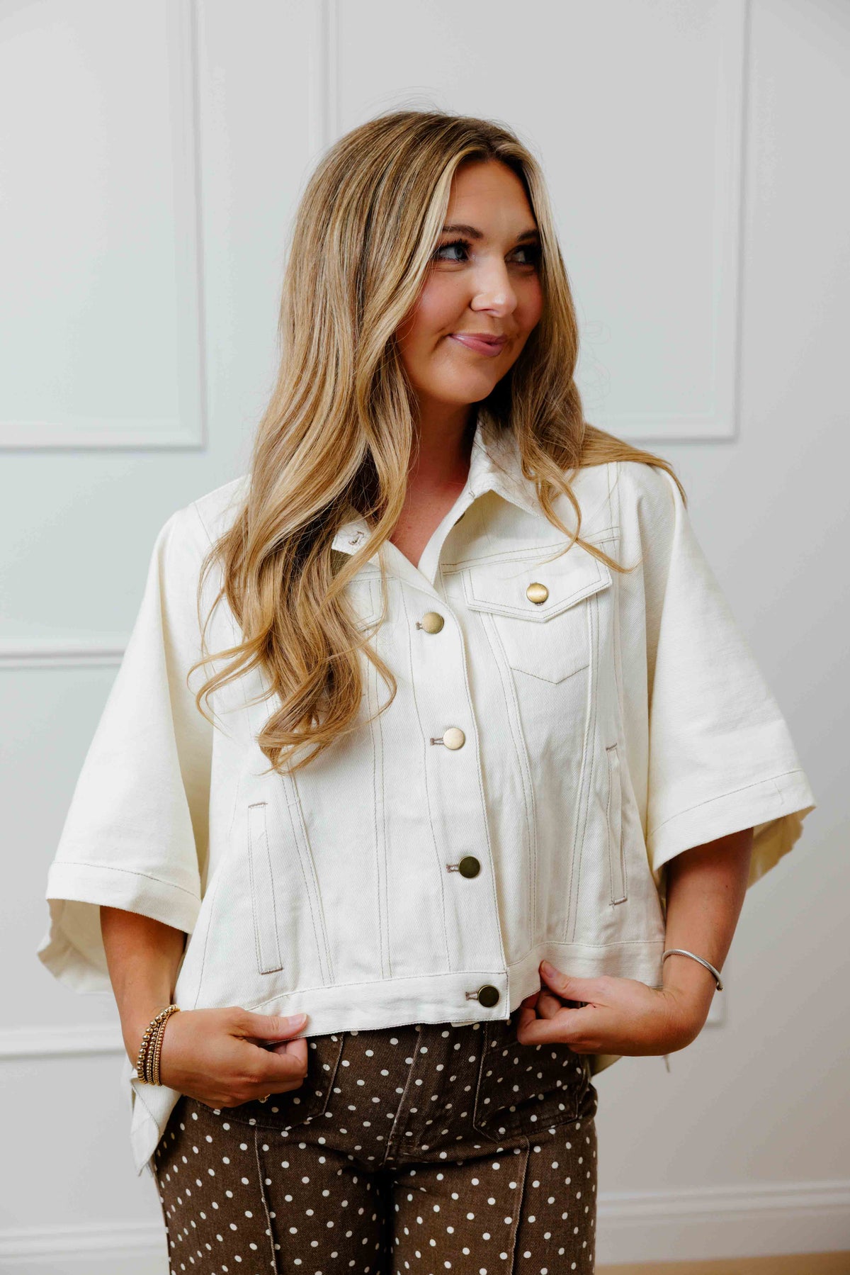 Cream Solid Denim Top Jacket