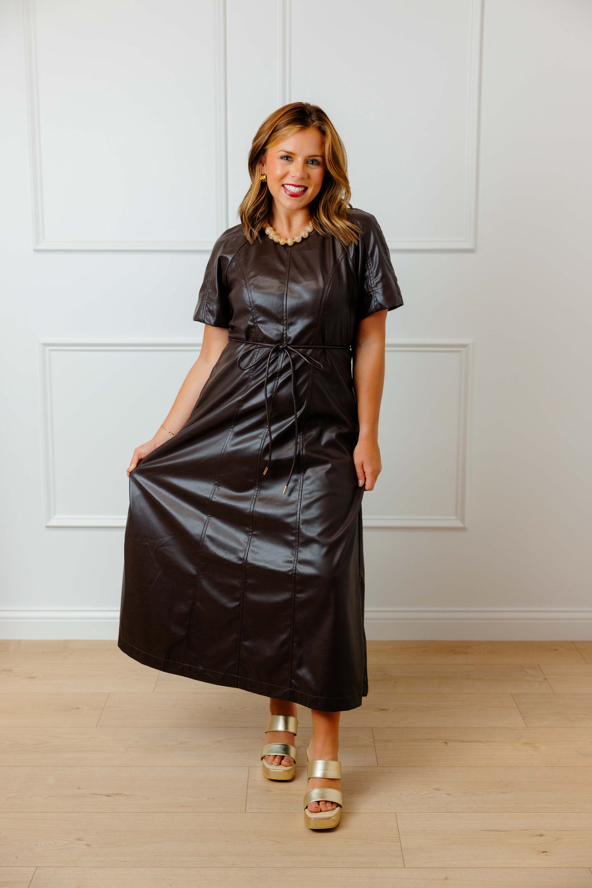 Brown Tie Leather Midi Dress