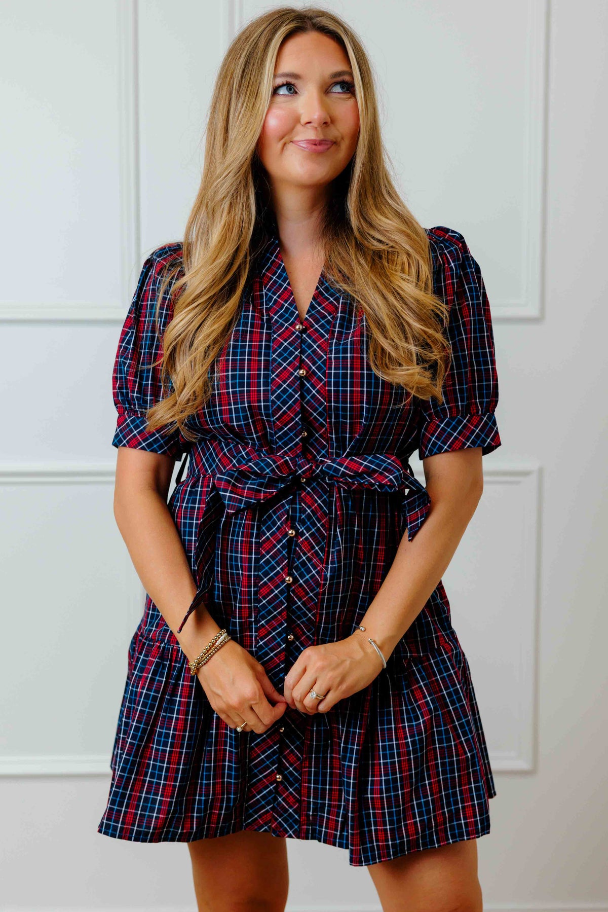 Navy Tartan Tie Mini Dress