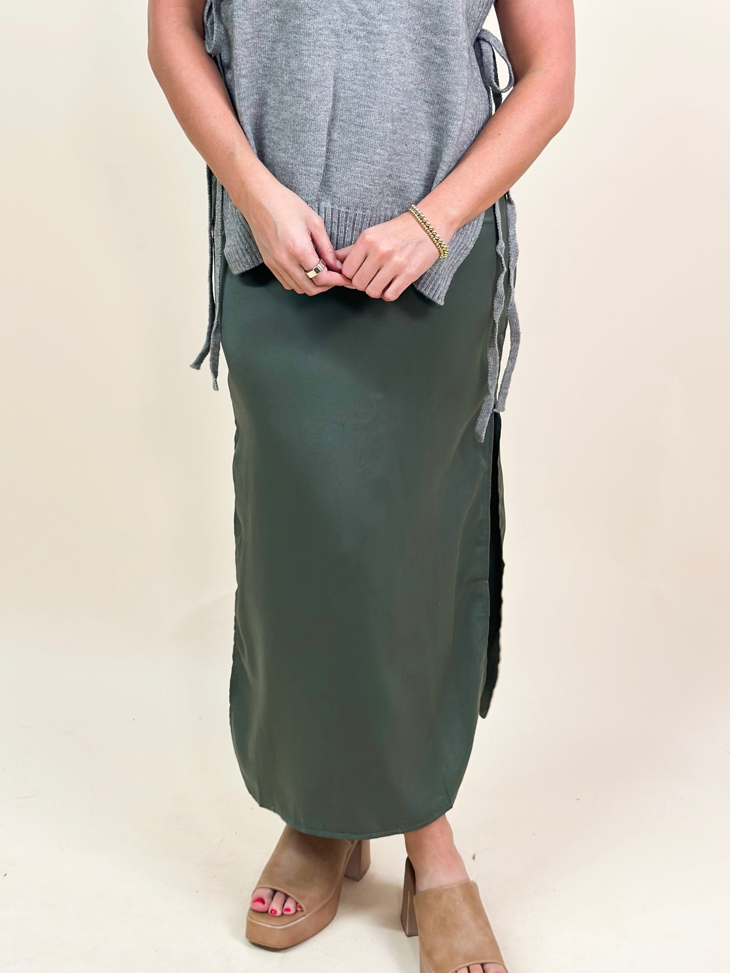 Olive Satin Side Slit Skirt