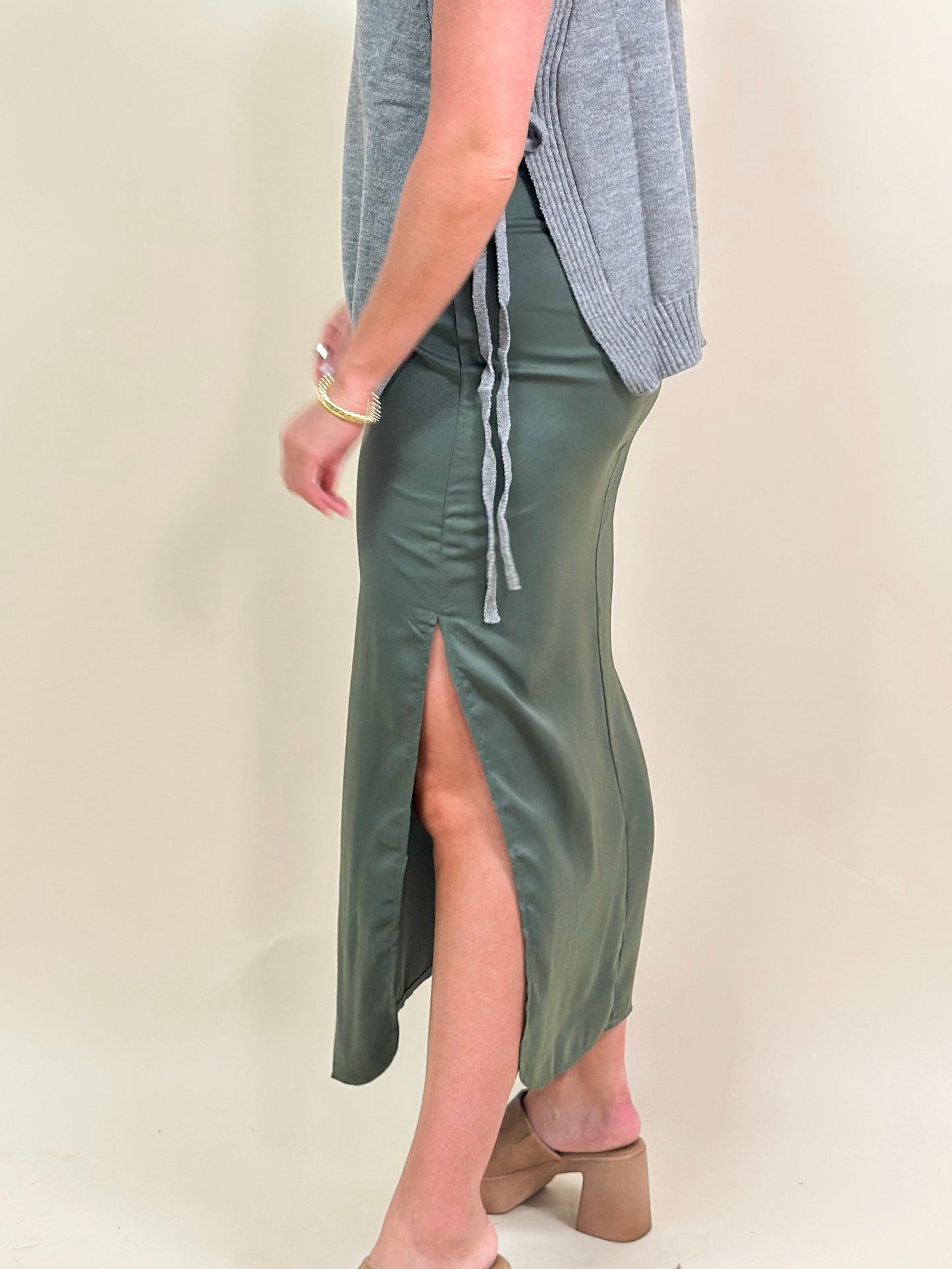 Olive Satin Side Slit Skirt