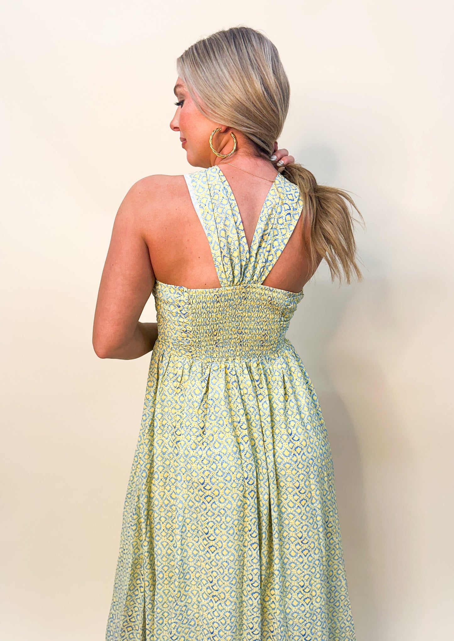 Lemon Printed Halter Maxi Dress
