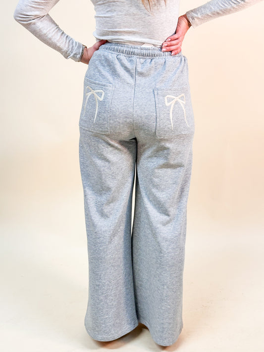 Gray Bow Embroidered Sweatpants