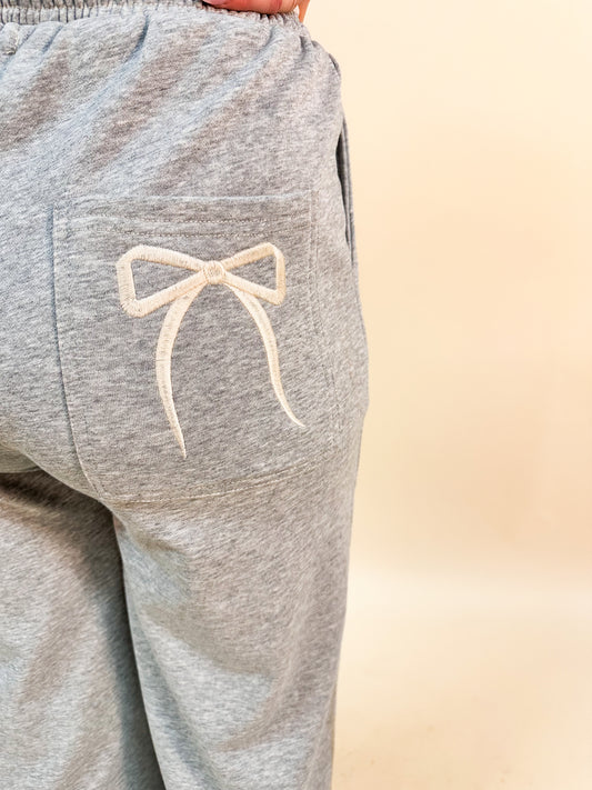 Gray Bow Embroidered Sweatpants