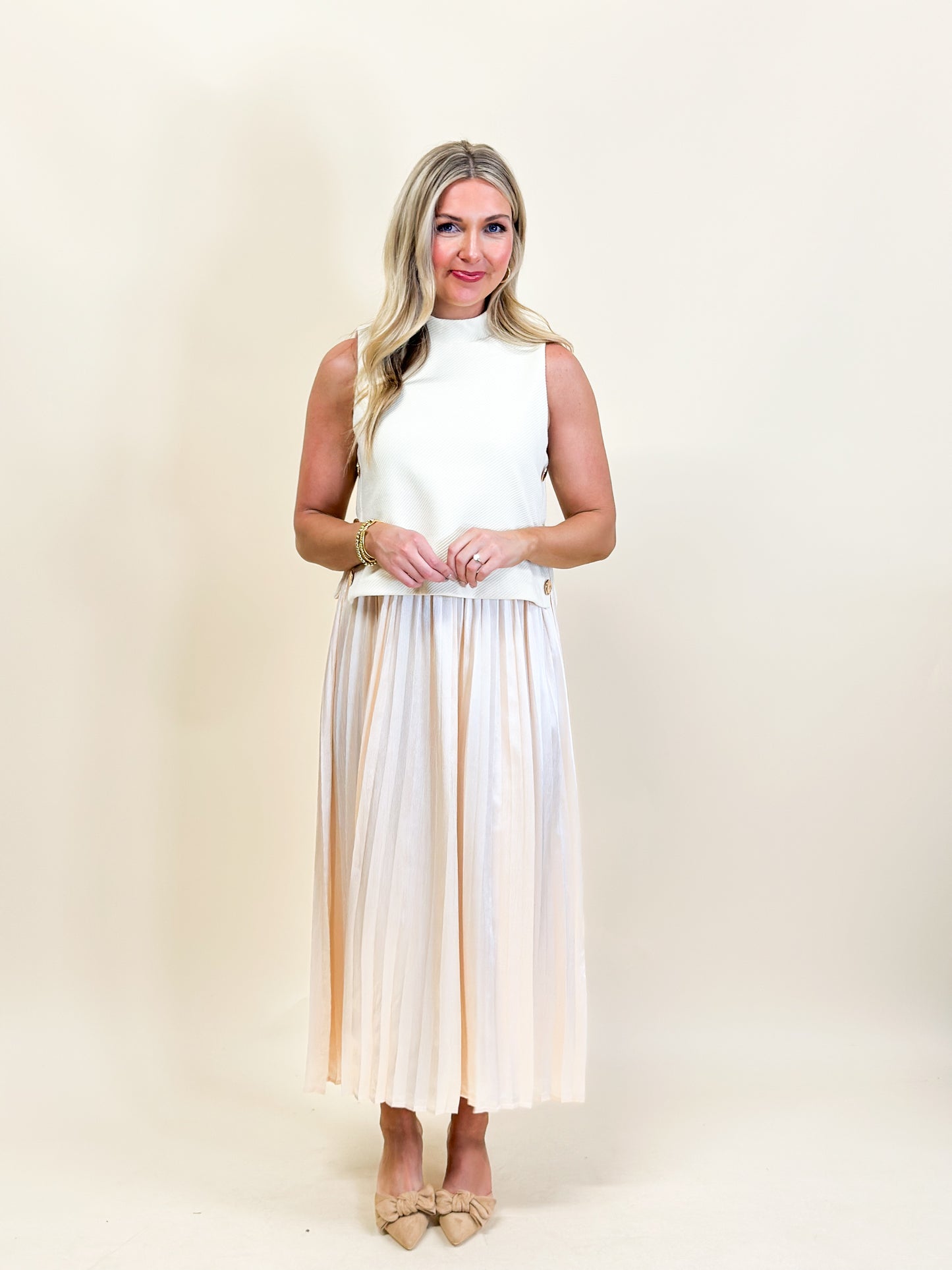 Cream Pleated Skirt Dress