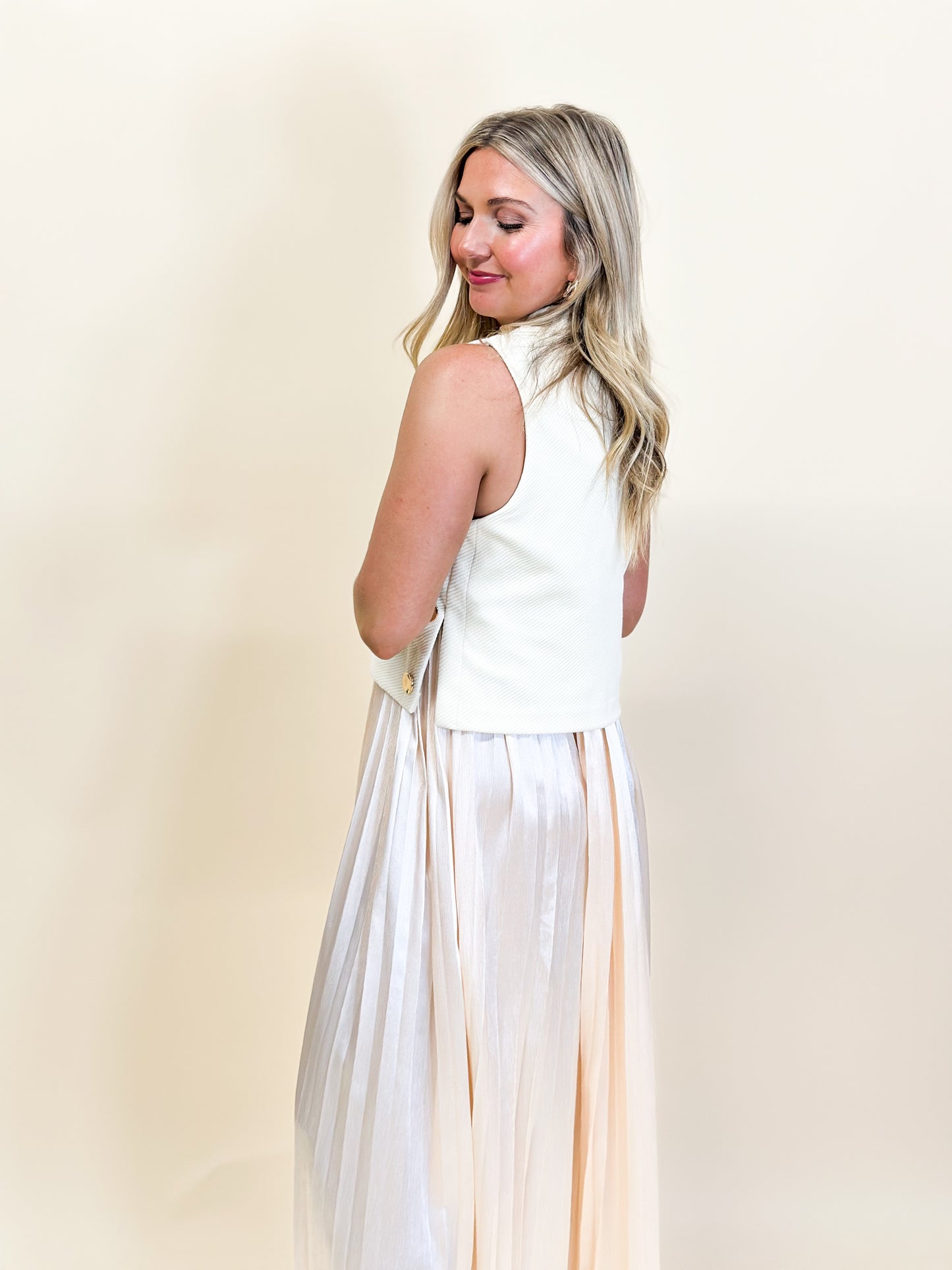 Cream Pleated Skirt Dress