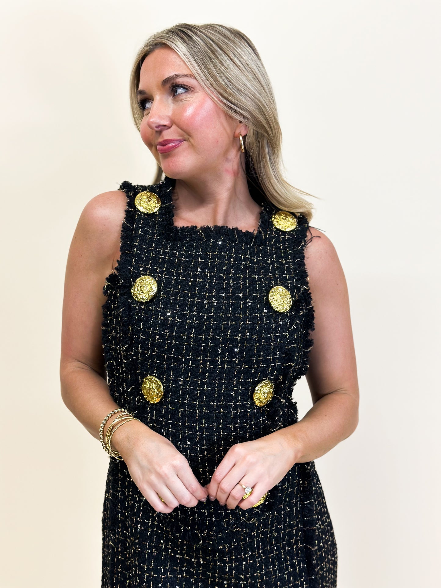 Black Gold Button Tweed Dress