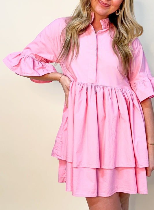 Bubblegum Pink Ruffle Button Up Dress