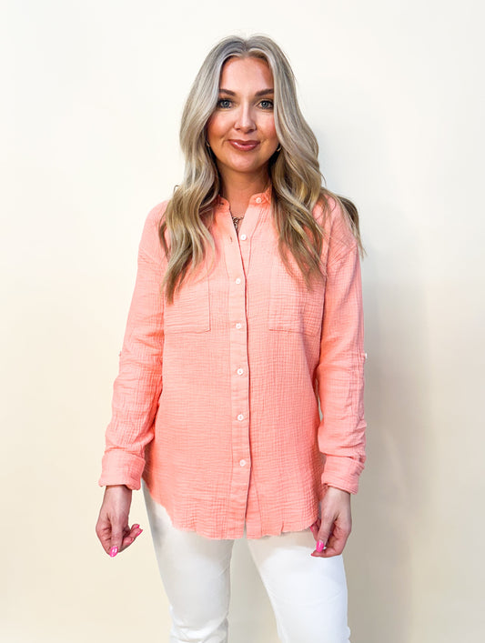 Peach Gauze Button Up Shirt