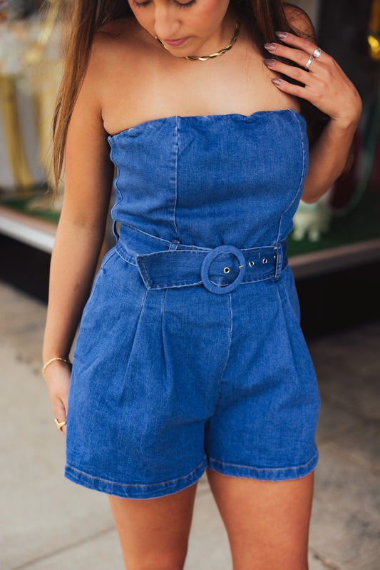 Denim Tube Belted Romper
