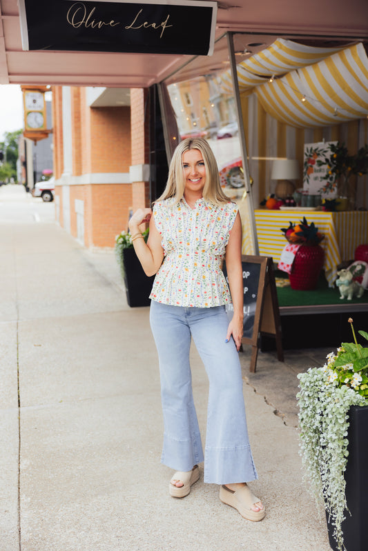 Ivory Floral Pleated Blouse