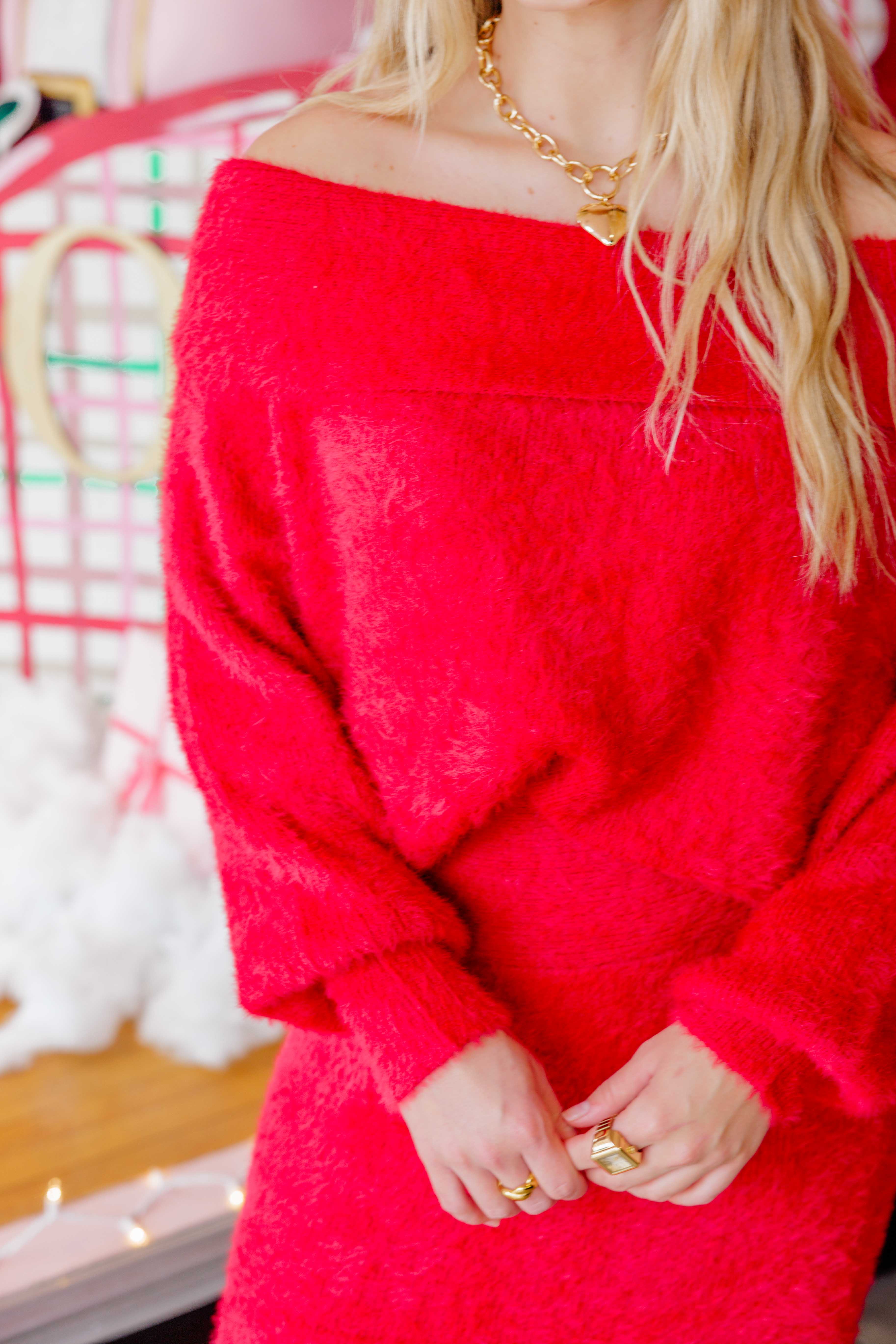 Red Off Shoulder Sweater Set