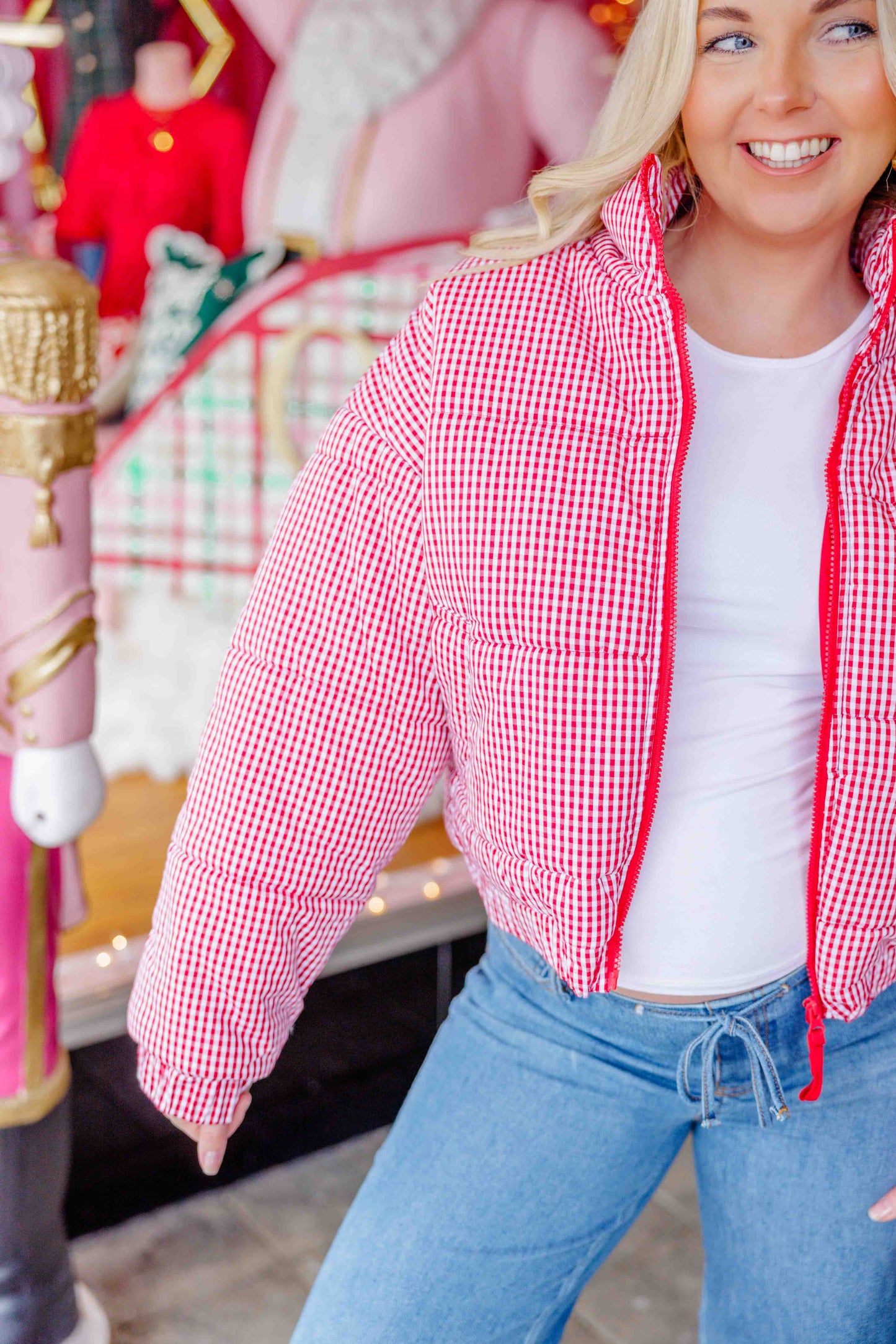 Red Gingham Puffer Jacket