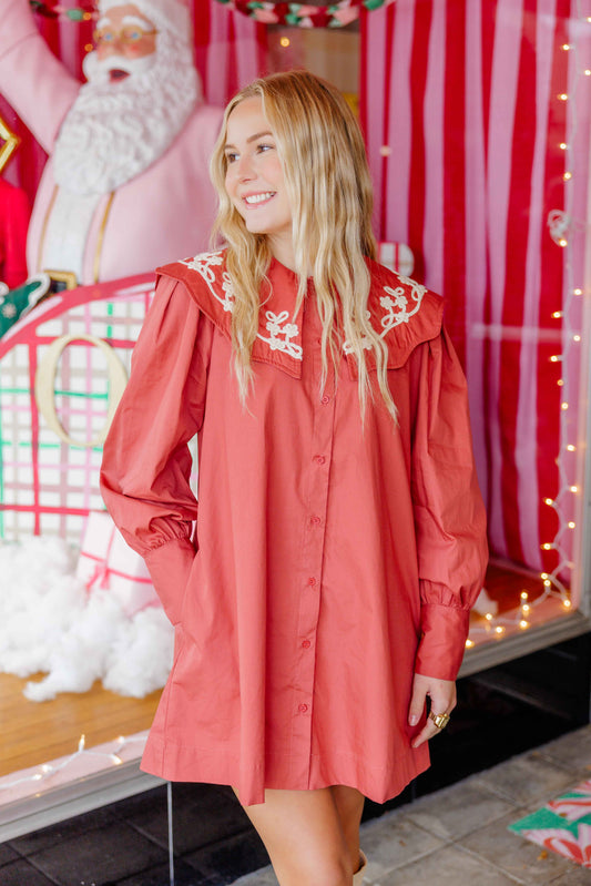 Plum Embroidered Collar Dress