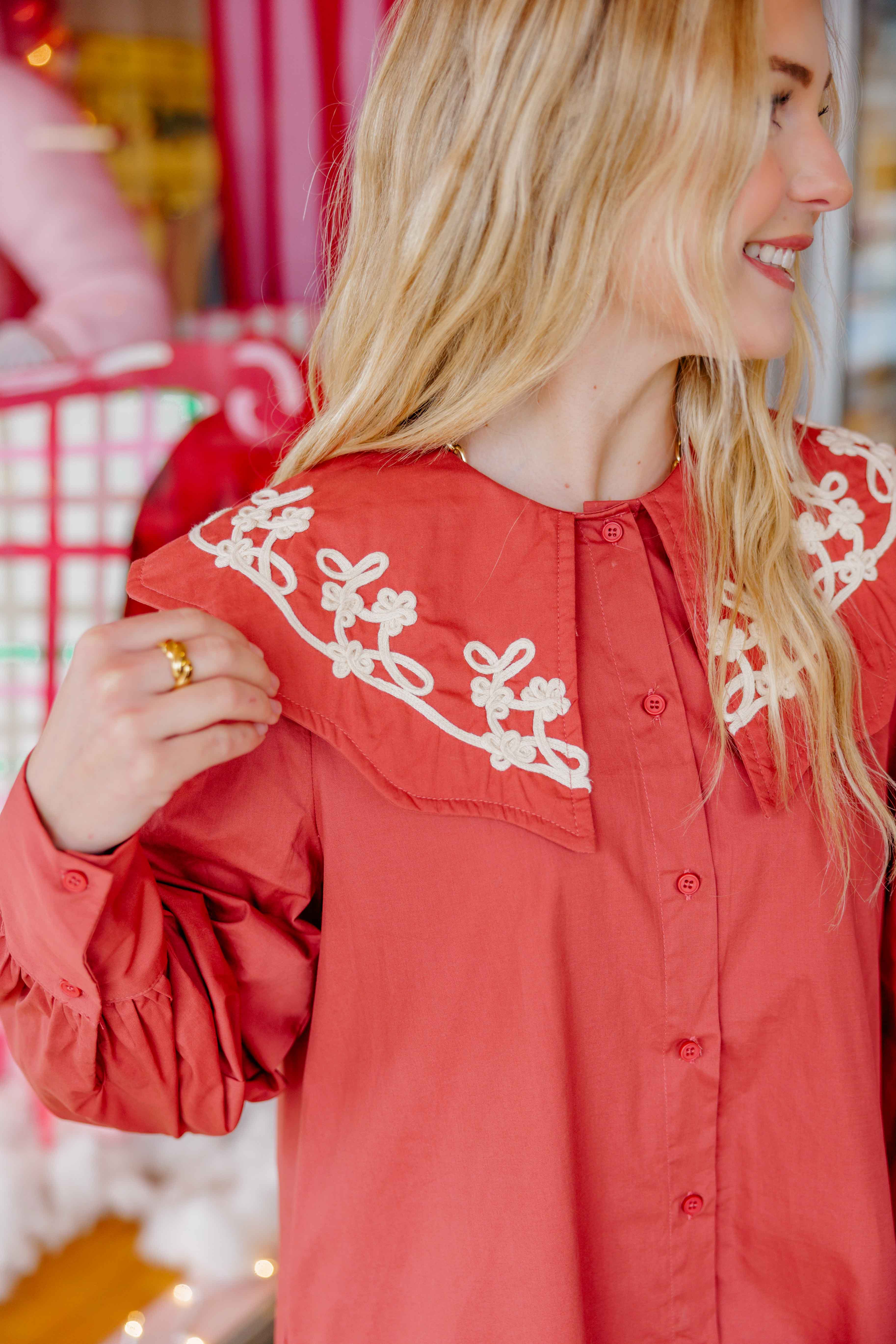 Plum Embroidered Collar Dress