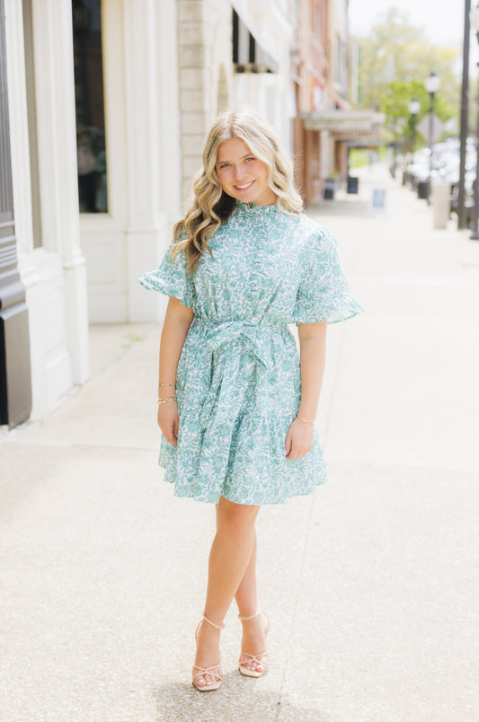 Green Floral Ruffle Dress