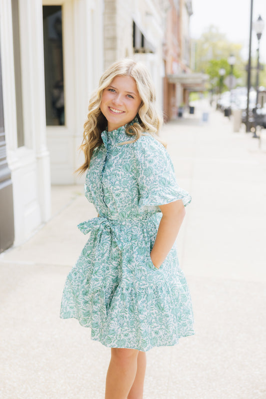 Green Floral Ruffle Dress