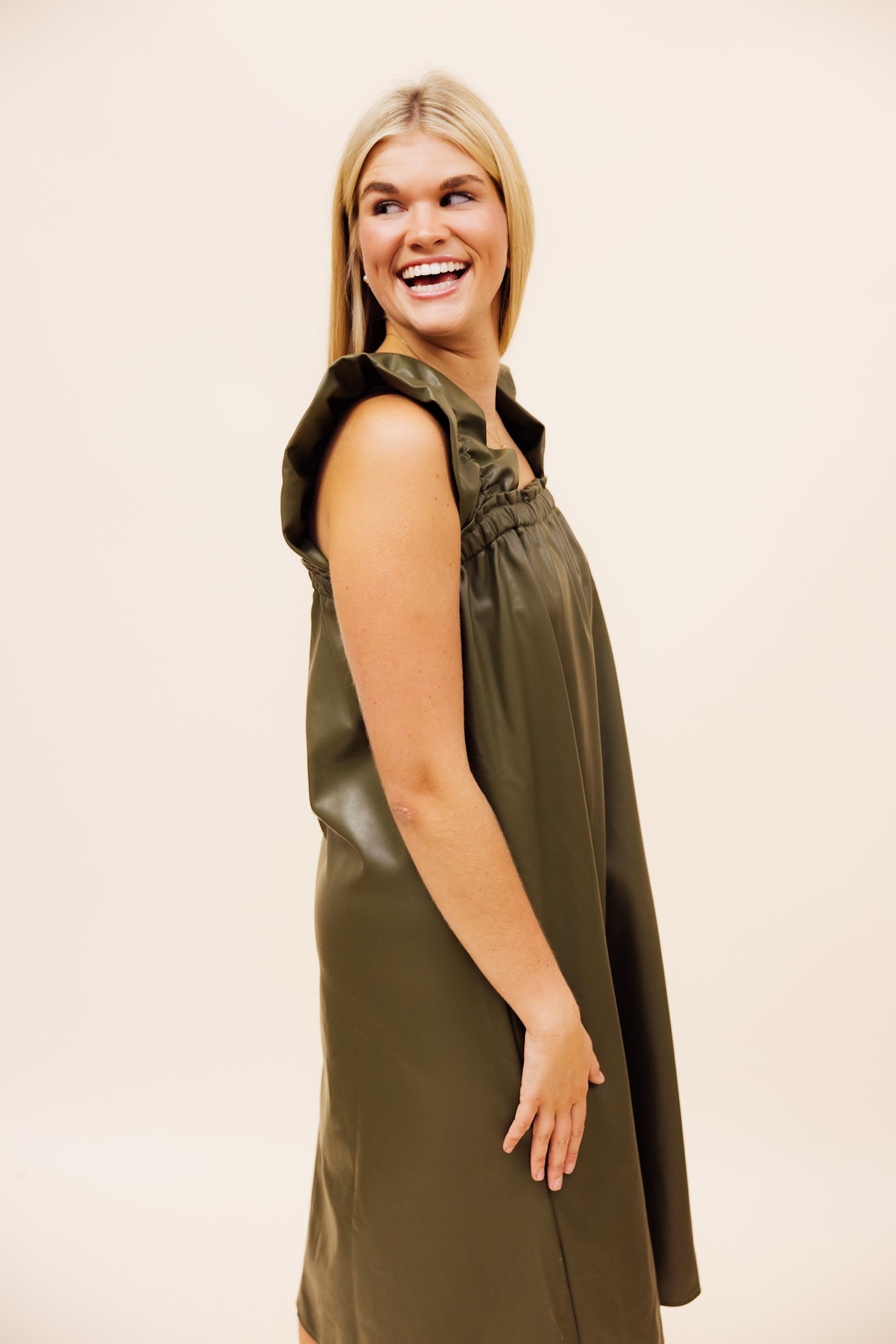 Olive Leather Midi Dress