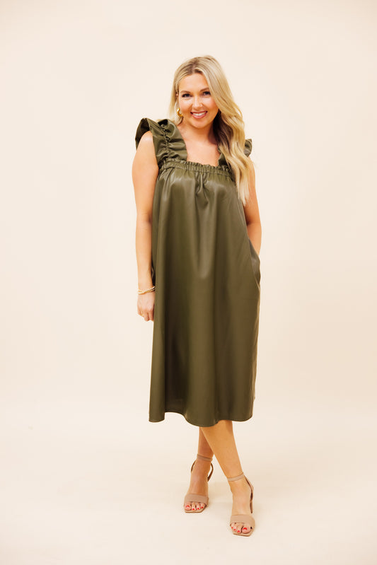 Olive Leather Midi Dress