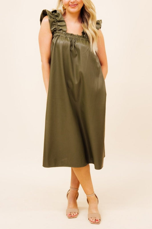 Olive Leather Midi Dress