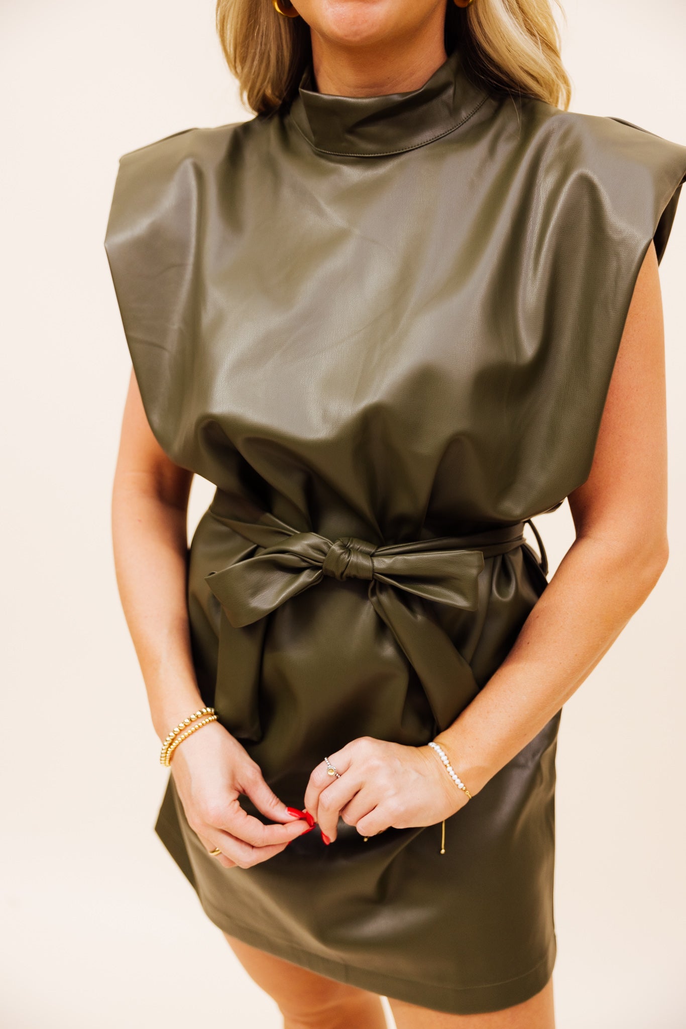 Olive Leather Belted Dress