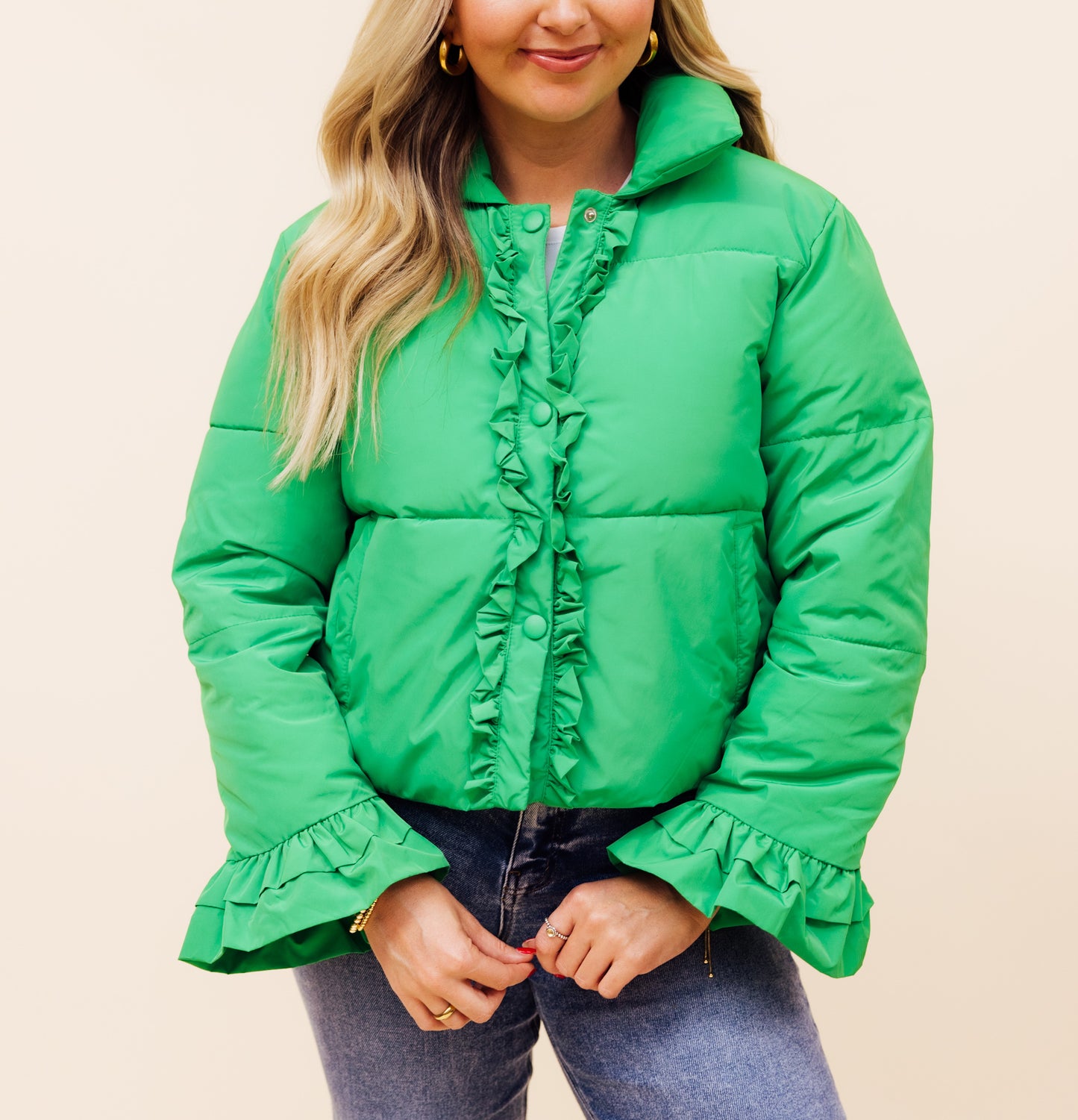 Kelly Green Ruffle Puffer Jacket