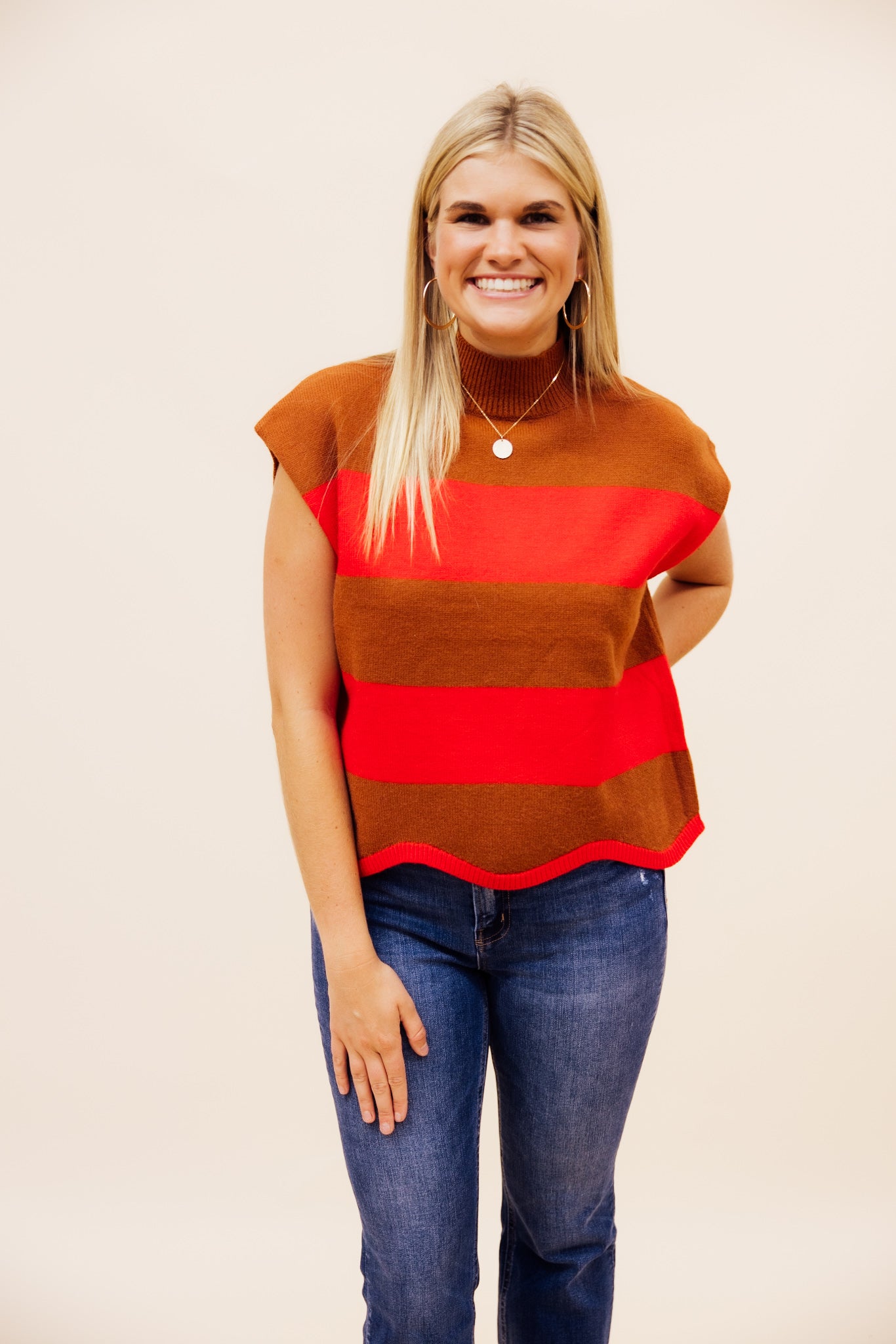 Camel Coral Striped Scallop Sweater