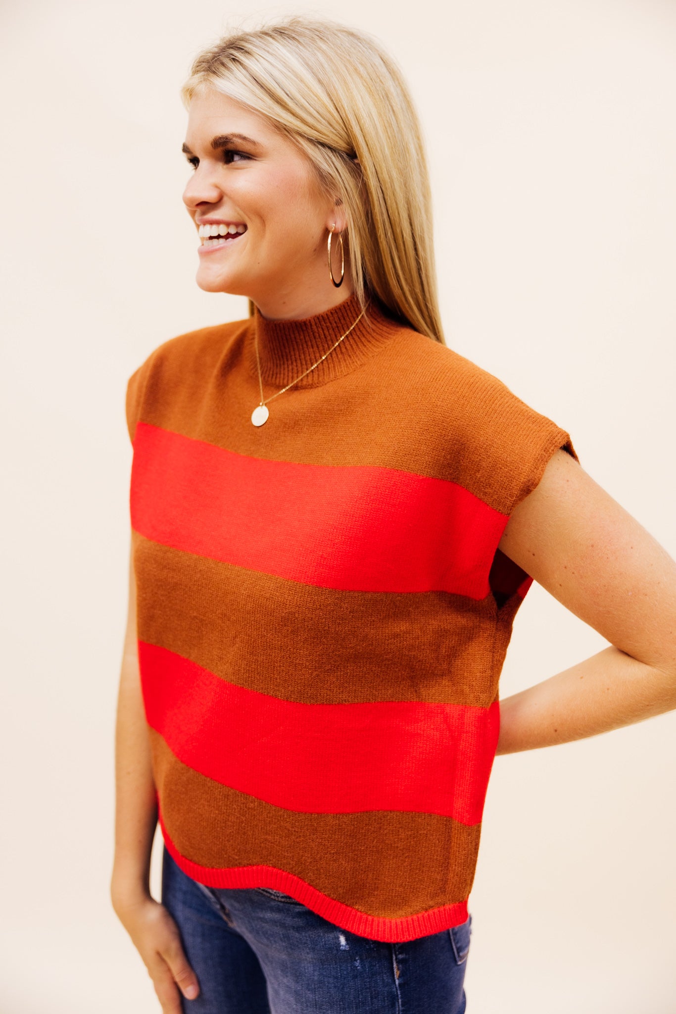 Camel Coral Striped Scallop Sweater