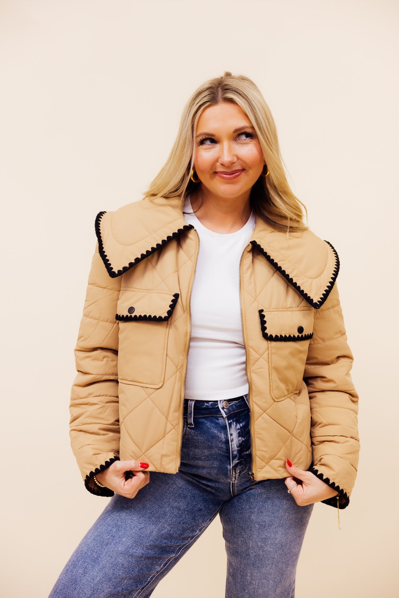 Beige Collared Puffer Jacket