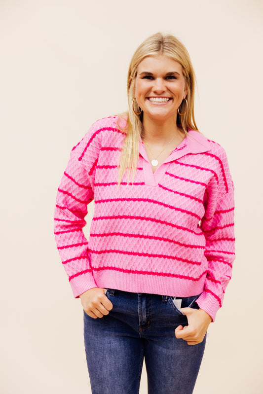 Pink Striped Textured Knit Sweater