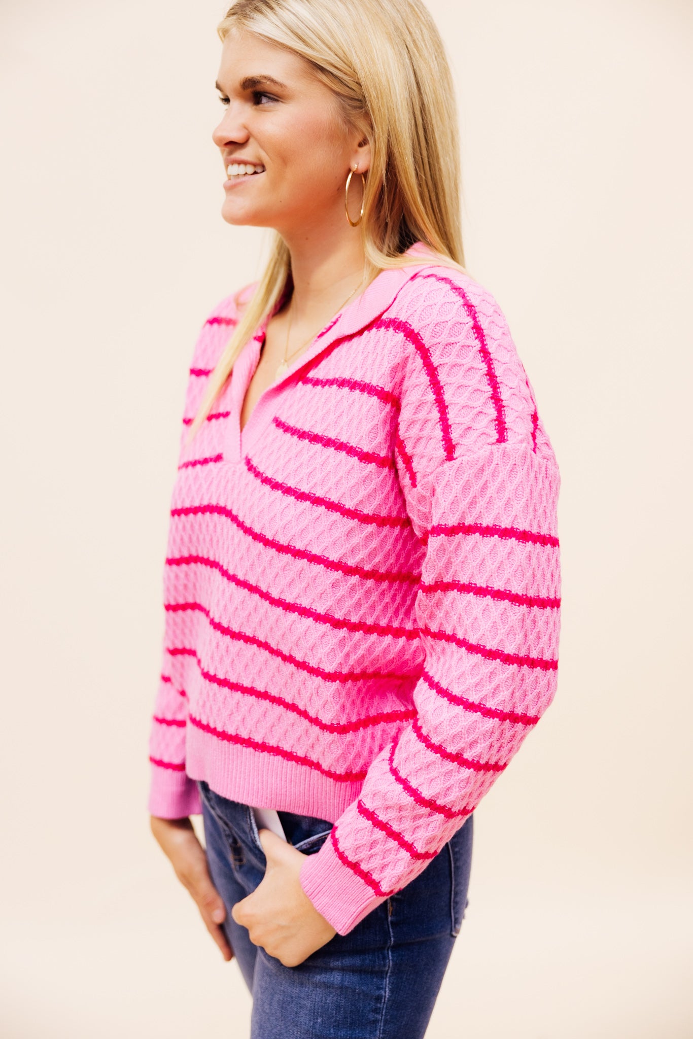 Pink Striped Textured Knit Sweater