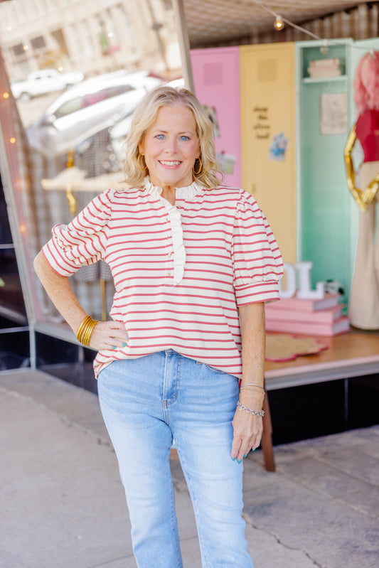 Brick Striped Ruffle Top