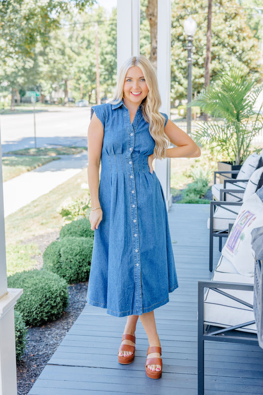 Denim Pleated Midi Dress