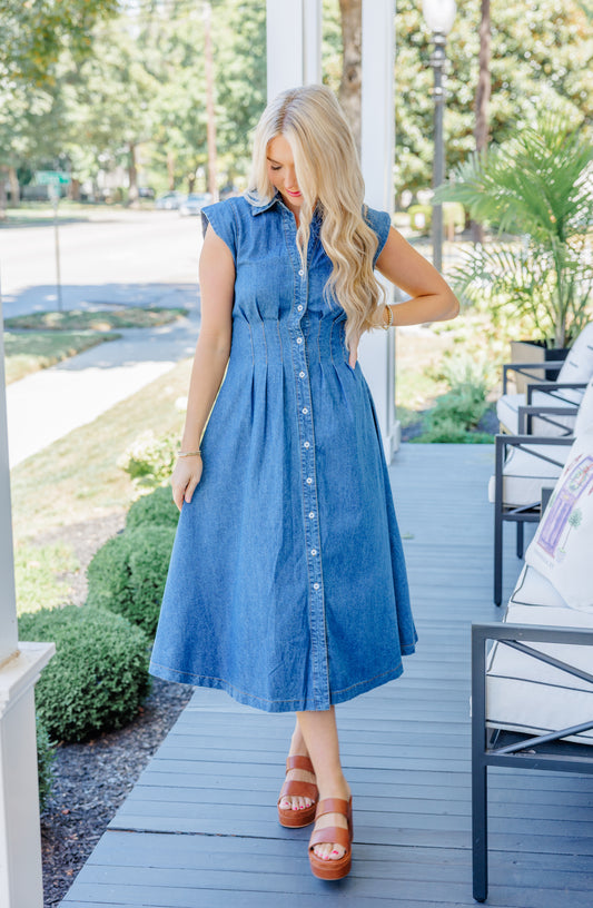 Denim Pleated Midi Dress
