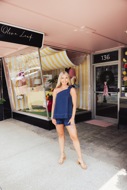 Navy Stitch One Shoulder Short Set