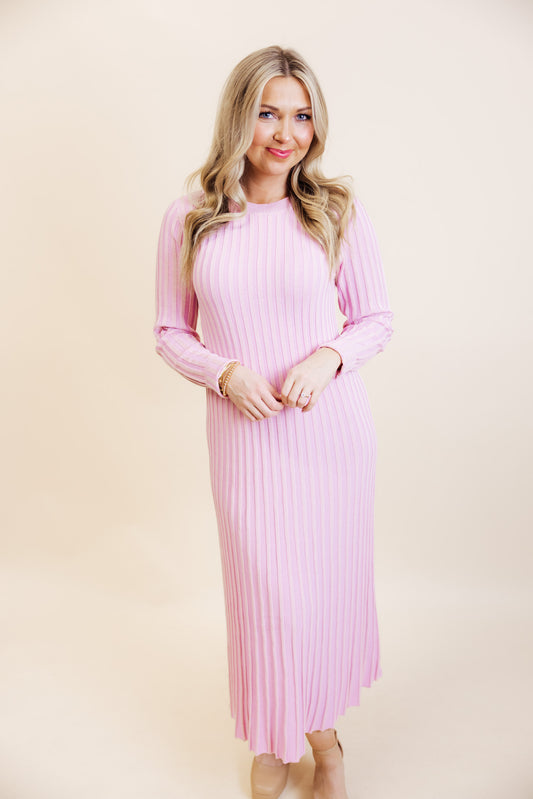 Pink Ribbed Sweater Maxi Dress