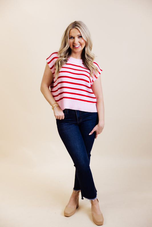 Pink Red Striped Short Sleeve Sweater