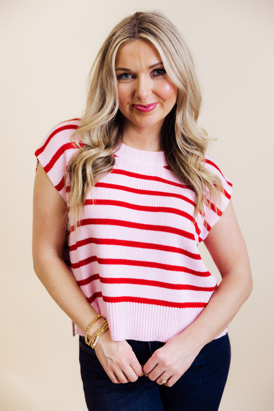 Pink Red Striped Short Sleeve Sweater