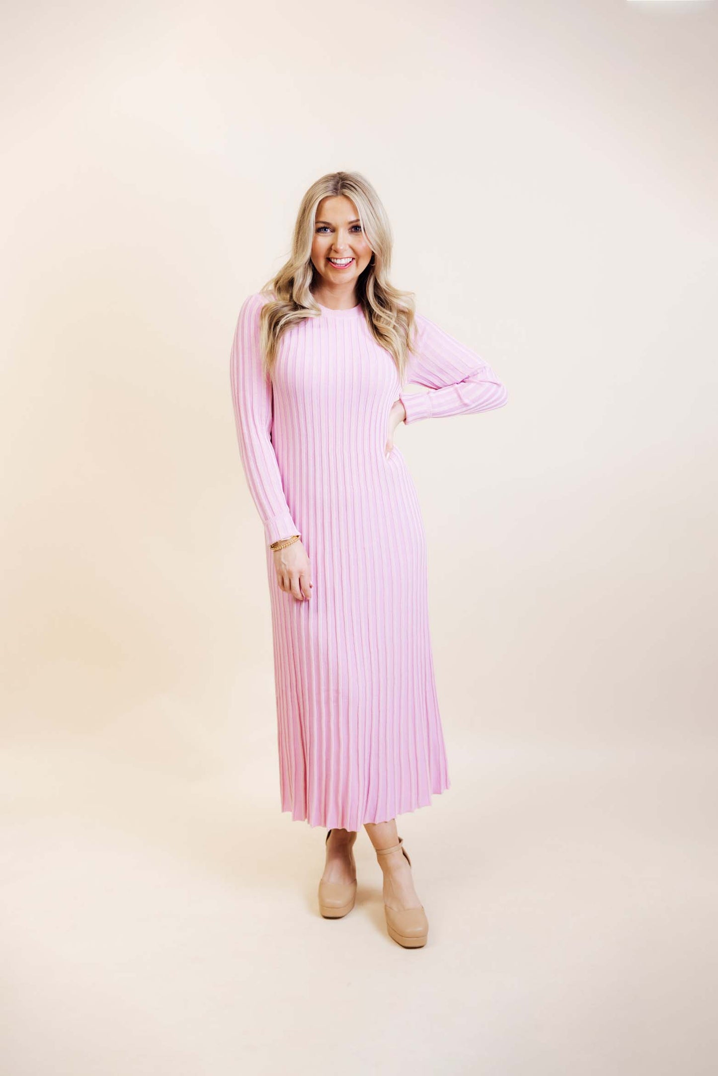 Pink Ribbed Sweater Maxi Dress