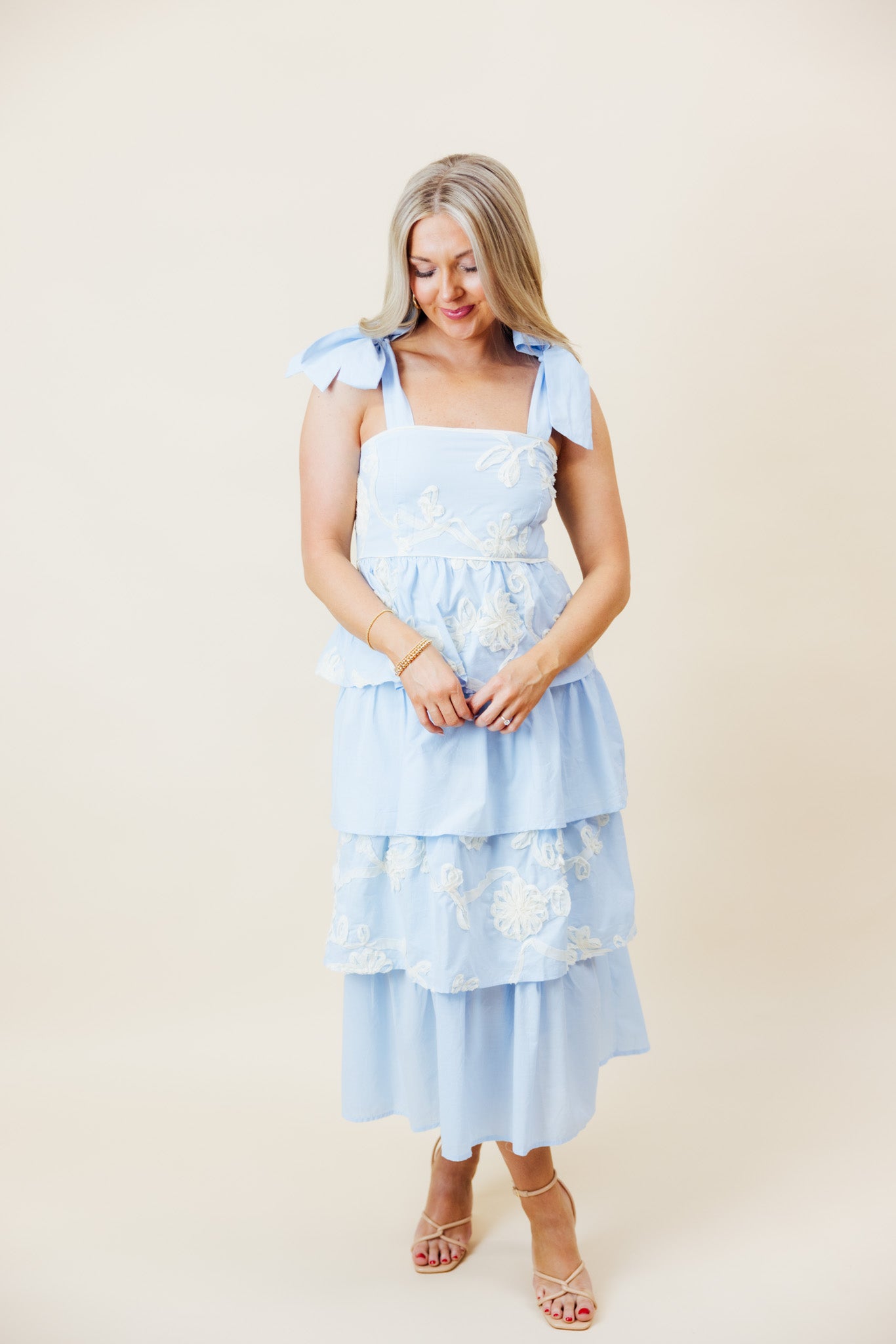 Light Blue Floral Appliqué Midi Dress