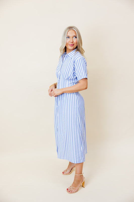 Blue Stripe Shirt Midi Dress