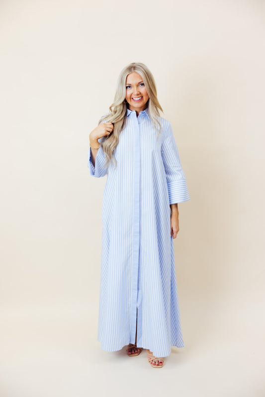 Blue Striped Maxi Shirt Dress