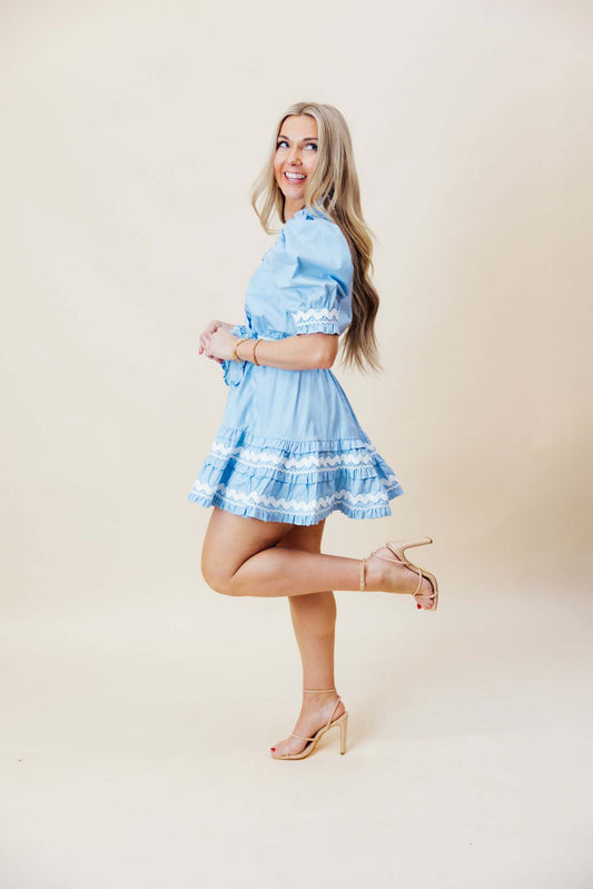 Blue Belted Ruffle Mini Dress