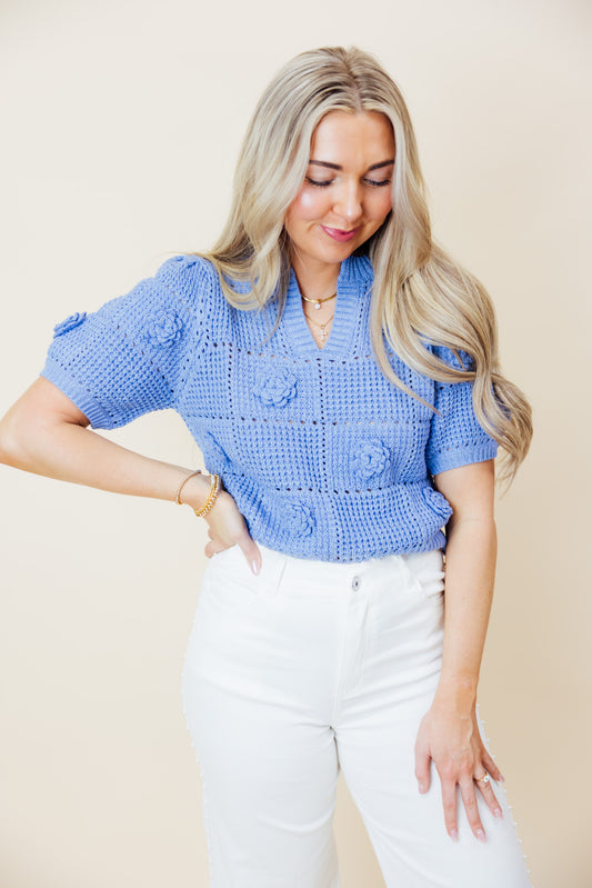 Blue Crochet Floral Sweater