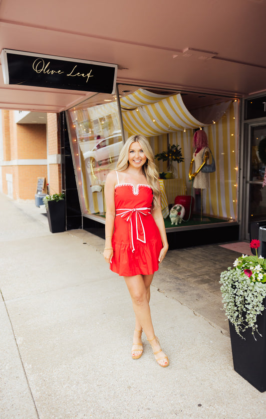 Red Belted Poplin Dress
