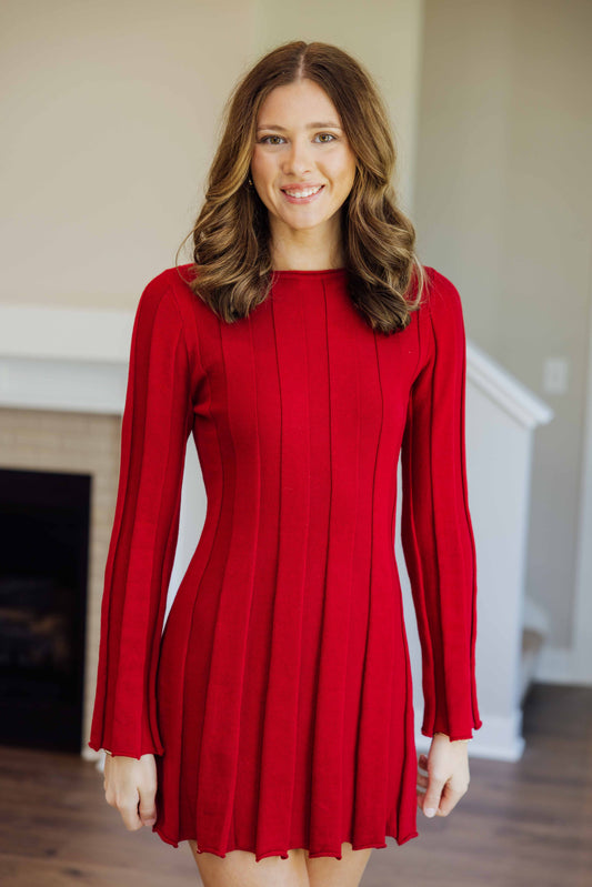 Red Ribbed Sweater Dress